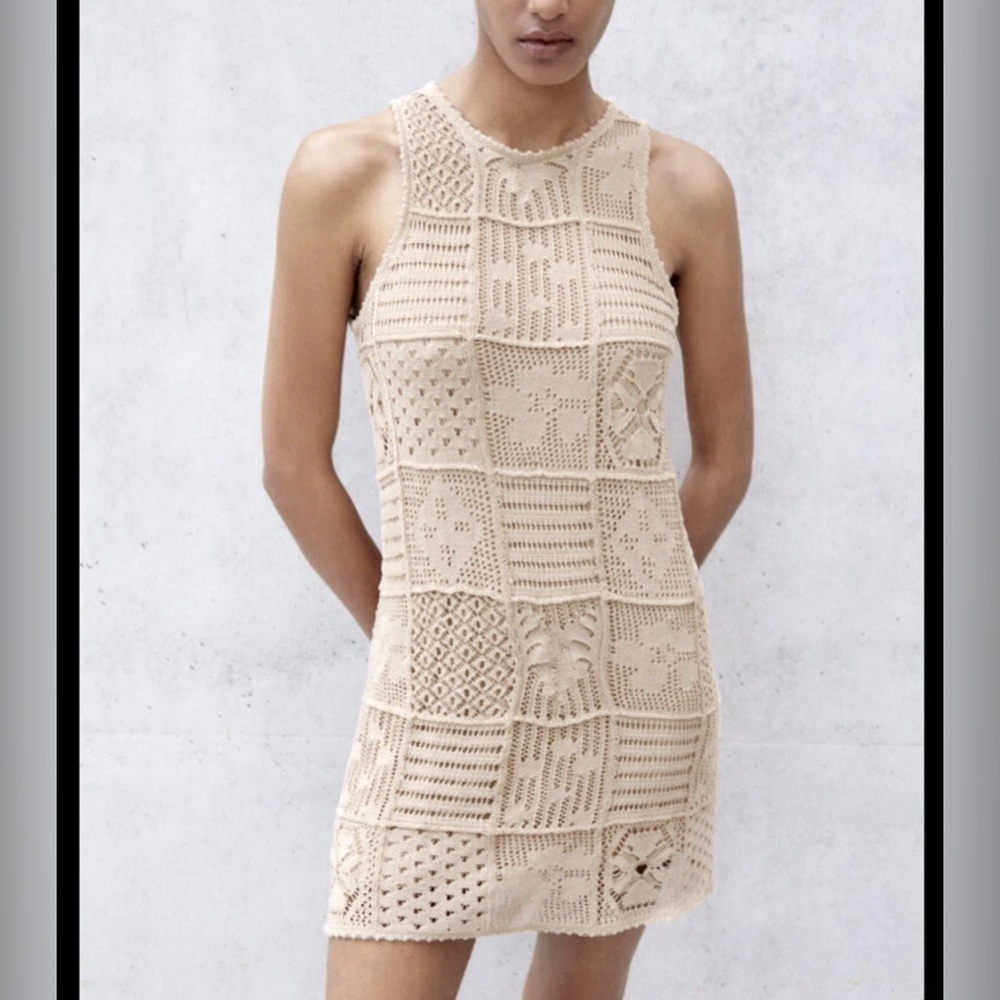 Zara Open Knit Crochet dress cream Medium sleeveless Aline Boho Summer Coastal